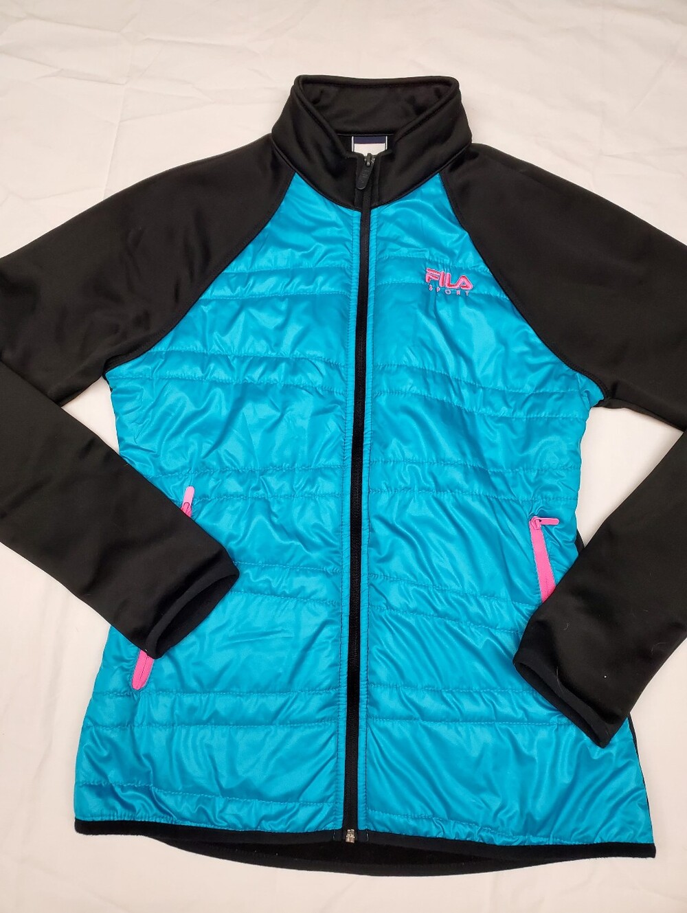 FILA Sport Womens Hybrid Quilted Jacket XS Teal Black Pink Zip Fleece Lined